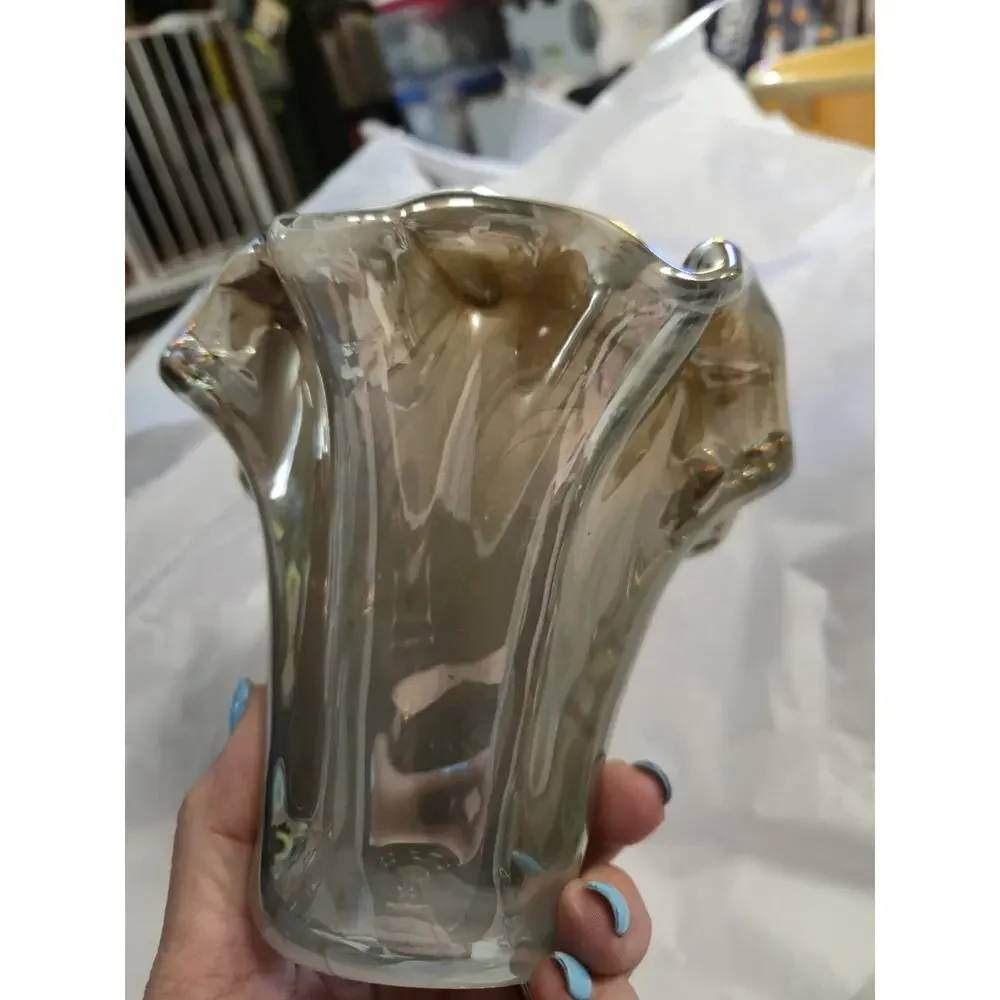Vintage Italian Art Glass Ruffled Candle Holders Pair Smoke Gray Tammaro